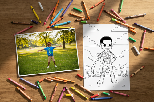 Now take this photo and make a line art coloring page. Show the person in the photo as a super hero character. Show the two pictures (the original photo and the line art coloring page) lying on a table with crayons and markers spread across the table. 